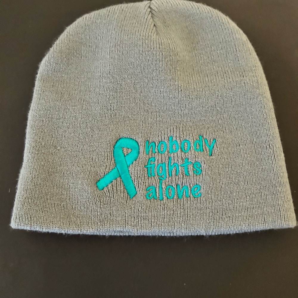 Knit Ovarian Cancer Hat with Teal Embroidery-One Size/New